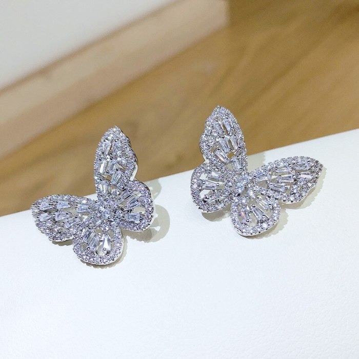 Graceful Personality Butterfly Sterling Silver Needle Stud Earrings All-Match over Inlaid Zircon Eardrops Earrings