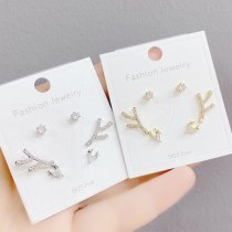 New Sterling Silver Needle Gold Three Pairs Female Stud Earrings Simple Versatile Zircon Earrings