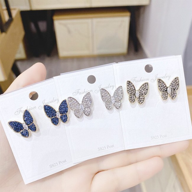 New Sterling Silver Needle Zircon Butterfly Studs Fashion All-Match Female Silver Pin Earrings Exaggerated Earrings