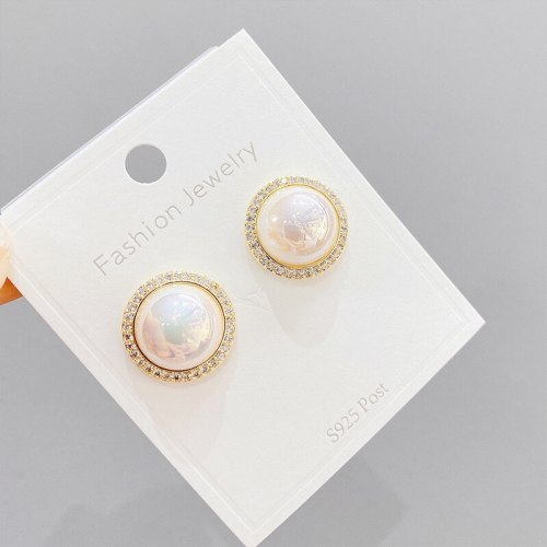 Sterling Silver Needle Simple Korean Fashion Stud Earrings Simple All-Match Full Diamond Mesh Red Women's Pearl Stud Earrings