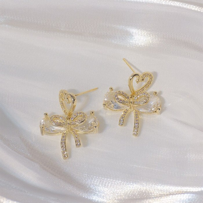 French Bow Zircon Stud Earrings Peach Heart Sweet Stud Earrings Female Fashion S925 Silver Needle Korean All-Match Earrings