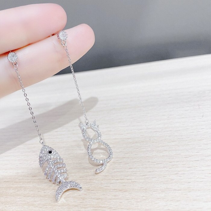 925 Silver Needle Korean Diamond Asymmetric Long Tassel Ear Studs Earrings Personalized Earrings