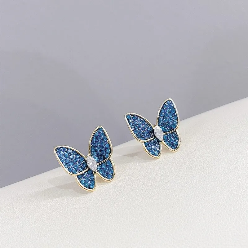 New Sterling Silver Needle Zircon Butterfly Studs Fashion All-Match Female Silver Pin Earrings Exaggerated Earrings