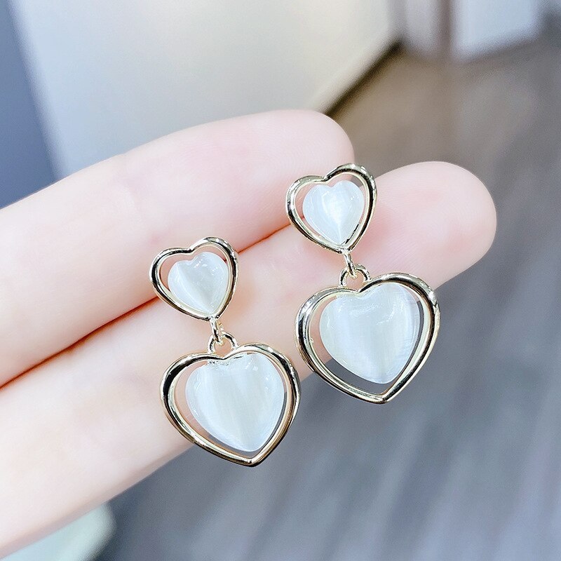 925 Silver Needle Opal Love Heart Stud Earrings Fresh Girly Earrings Small Ornament