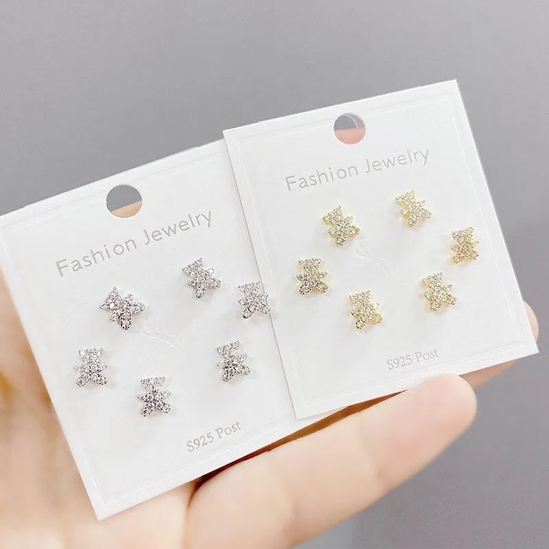 One Card Three Pairs Fashion Three-Piece Set Stud Earrings Simple Micro Inlaid Zircon 925 Silver Stud Earrings
