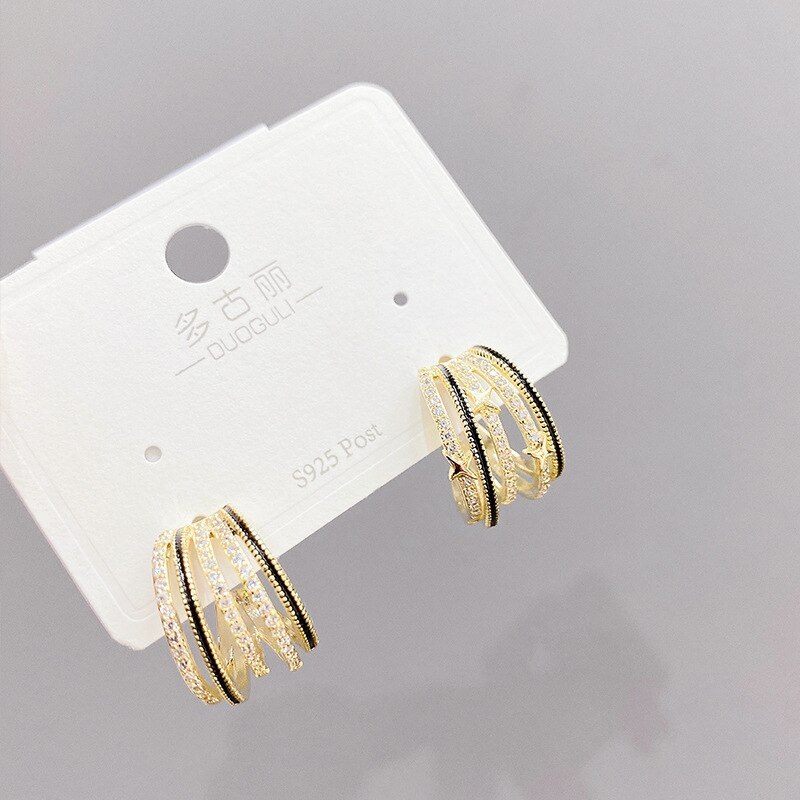 Korean Multi-Layer Micro-Inlaid Zircon Claw-Shaped Stud Earrings Jewelry S925 Silver Needle Beautiful Stud Earrings