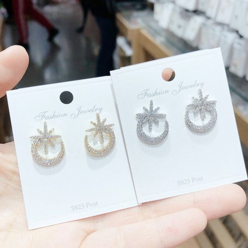Exquisite Full Diamond Crescent Eight Awn Star 925 Silver Stud Earrings Super Fairy Internet Influencer Earrings