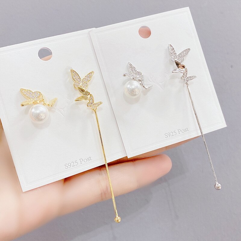 Korean Style Long Micro Inlaid Zircon Butterfly Tassel Pearl Stud Earrings Female Sterling Silver Needle Earrings Eardrops