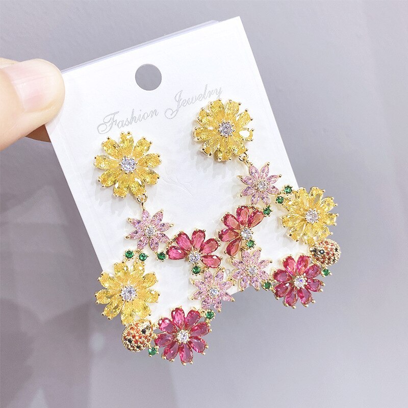 3A Colorful Zircon Flower Cluster Earrings 925 Silver Needle Female Mori Style Fairy Temperamental Eardrops Earrings