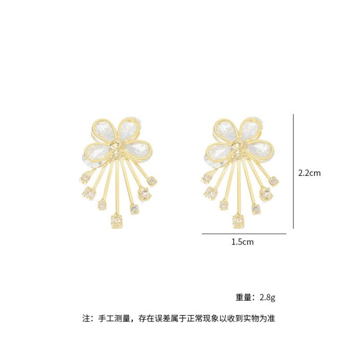 Korean Style Ins Zircon Petal Tassel Stud Earrings Fashionable Elegant Earrings Slimming S925 Silver Needle Earrings for Women