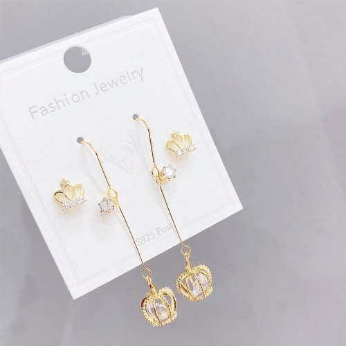 Sterling Silver Needle Gold Micro-Inlaid Three Pairs Combination Female Stud Earrings Simple All-Match Crown Delicate Earrings