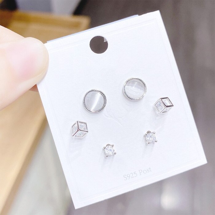 Sterling Silver Needle Stud Earrings Women 'S Three Pairs Of Earrings Graceful And Fashionable Opal Stud Earrings