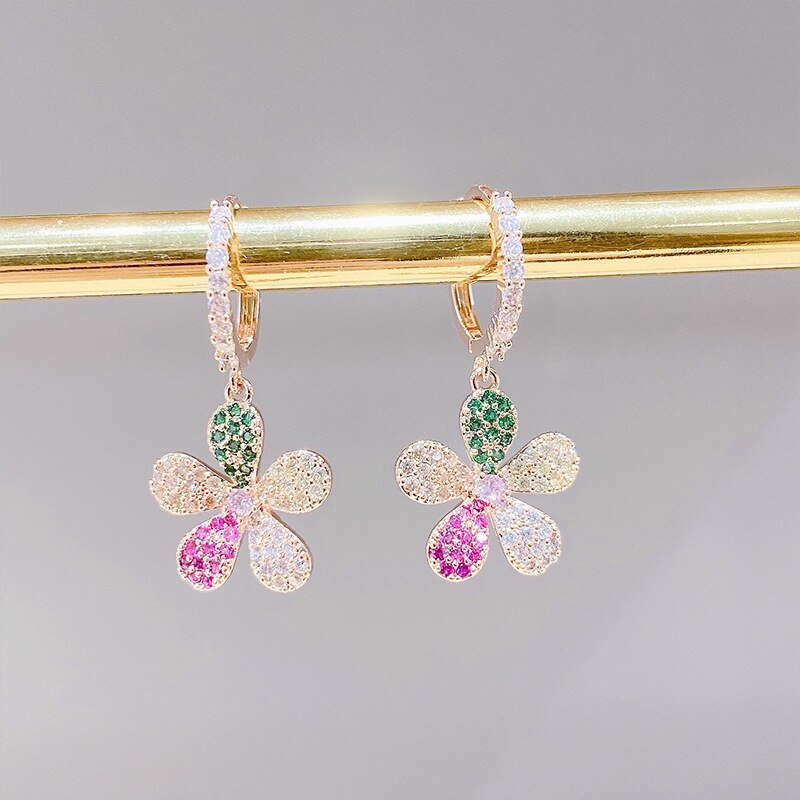 Korean Flower Earrings Elegant Graceful Inlaid Pearl Zircon Petals Ear Clip Eardrops Women
