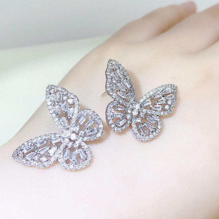 Graceful Personality Butterfly Sterling Silver Needle Stud Earrings All-Match over Inlaid Zircon Eardrops Earrings