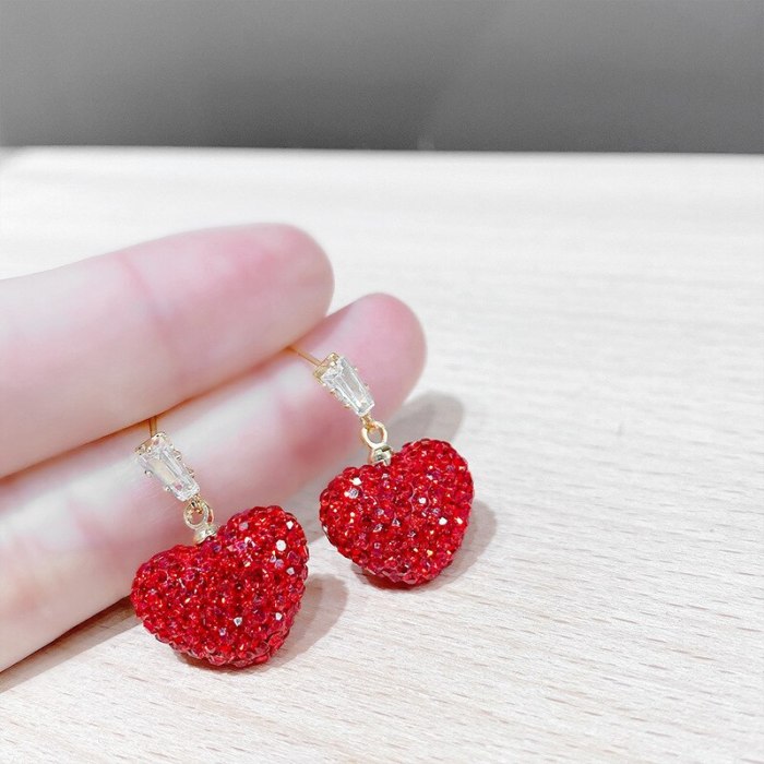 Sterling Silver Needle Red Small Peach Heart Earrings Korean Rhinestone Love Heart Stud Earrings Women