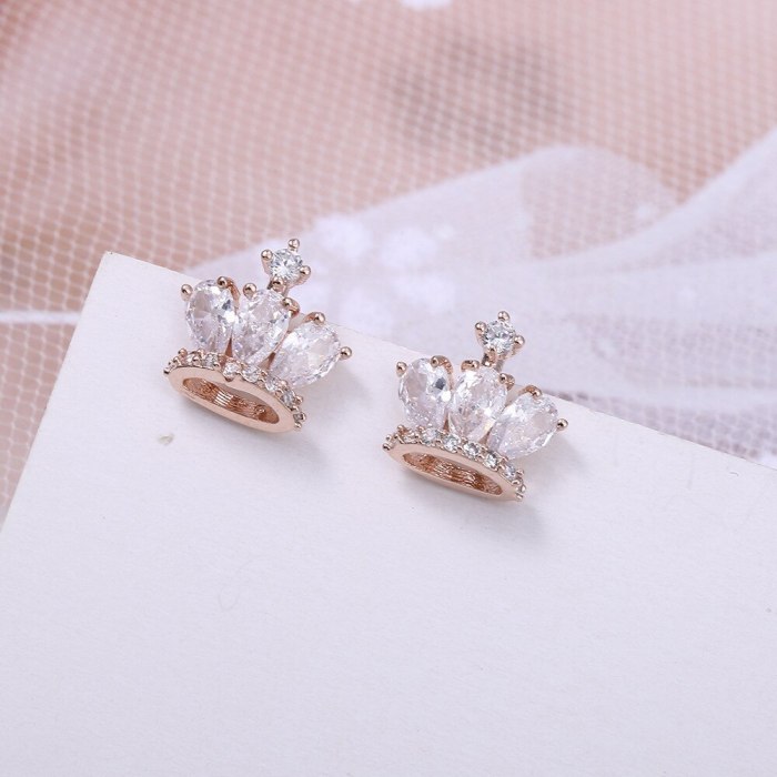 Mori Style Girly and Fashion Crown Zircon Sterling Silver Needle Stud Earrings All-Match New Creative Earrings