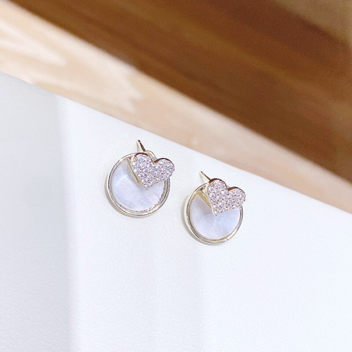 Sterling Silver Needle Graceful Online Influencer Simple and Compact Shell Love Micro-Inlaid Peach Heart Stud Earring Earrings