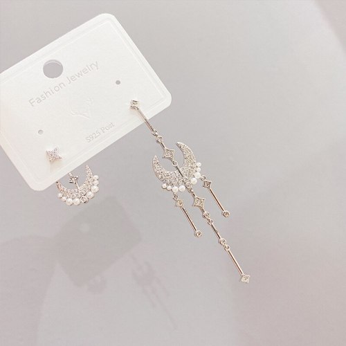 Sterling Silver Needle Moon Pendant Pearl Stud Earrings Micro Inlaid Zircon Tassel Earrings Women