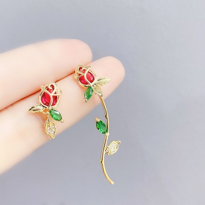 Korean Sterling Silver Needle Tulip Flower Elegant Graceful Zircon Earrings Finely Inlaid Stud Earrings