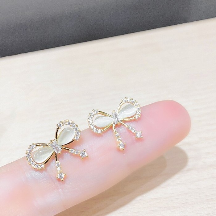 S925 Silver Needle Bow Stud Earrings Female Korean Style Super Flash Inlaid Full Diamond Temperament Girl Heart Ear Rings