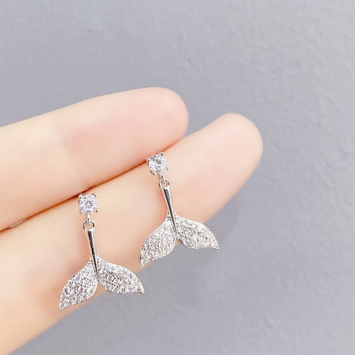 Mermaid Fishtail Zircon Sterling Silver Needle Stud Earrings New Full Diamond Girls Earrings Ornament