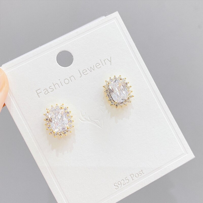 S925 Silver Needle Fashion Elegant All-Match Stud Earrings Simple Square Zircon Micro-Inlaid Earrings Classic Earrings Jewelry