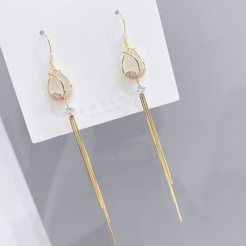 Korean New Scallop Earrings Colorful Petal Zircon Earrings Long Tassel Sterling Silver Needle Earrings