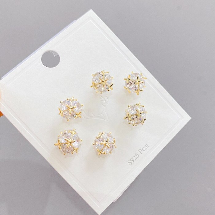 Sterling Silver Needle Micro Inlaid Zircon Spherical Three-Piece Earrings Small Personality Earrings
