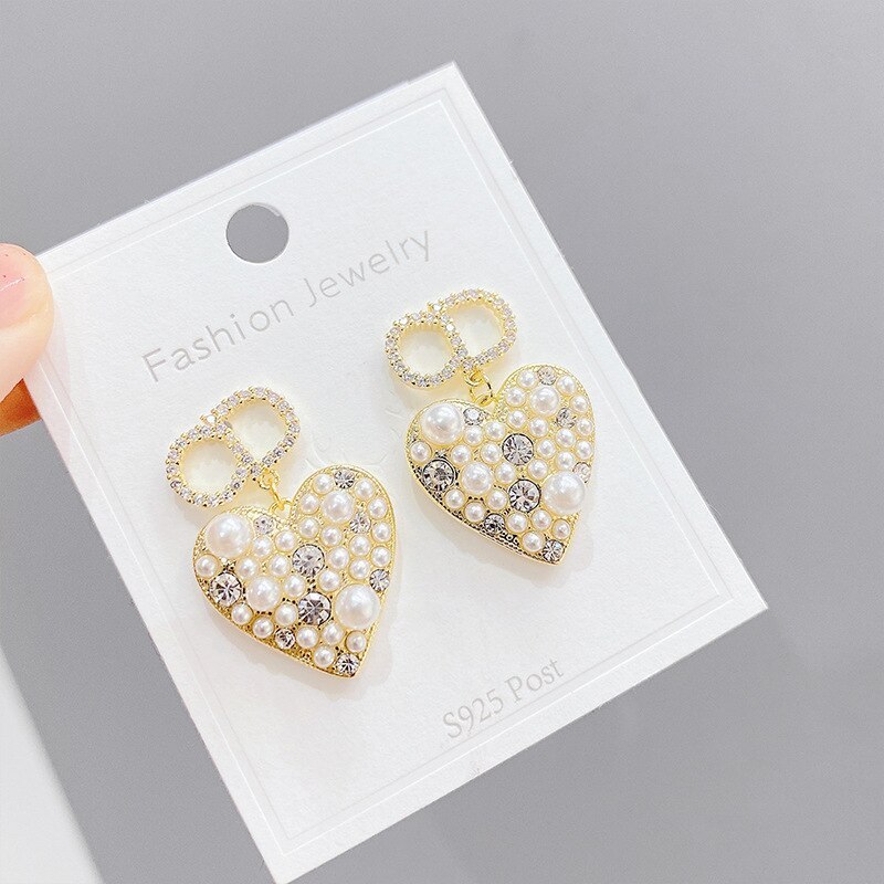 S925 Silver Needle Personalized Fashion Trendy Earrings New Korean Style Creative Peach Heart Inlaid Pearl Earrings Jewelry