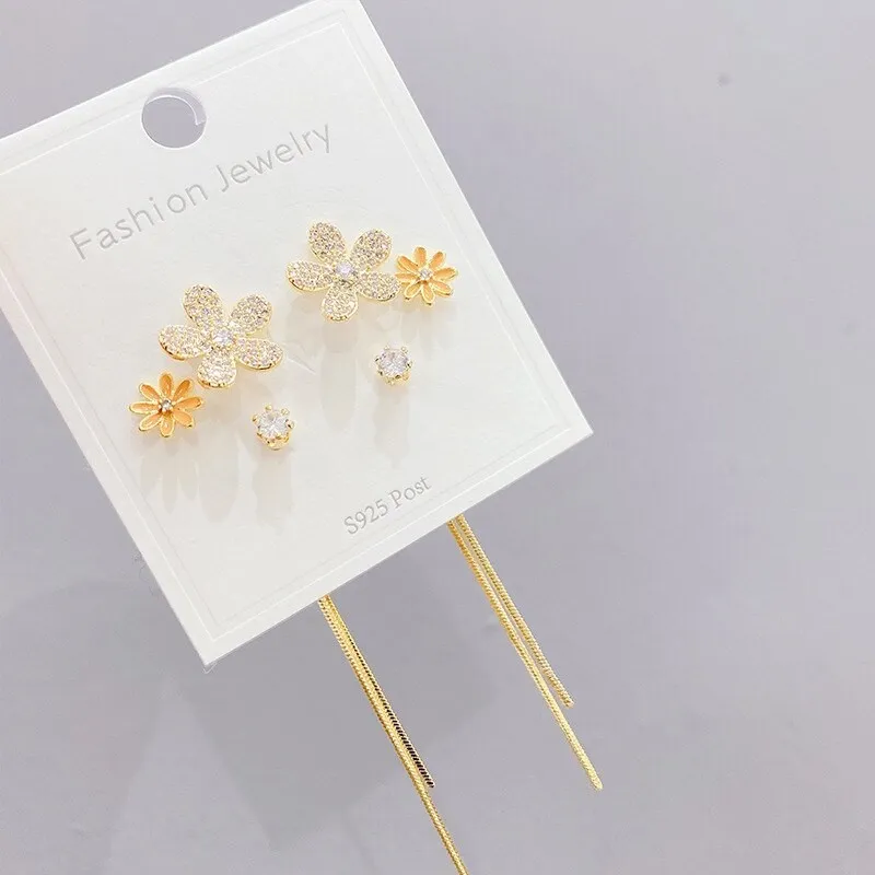 Korean Style Simple Graceful Petal Fringed Earrings Sterling Silver Needle Stud Earrings Three Pairs Eardrop Earring