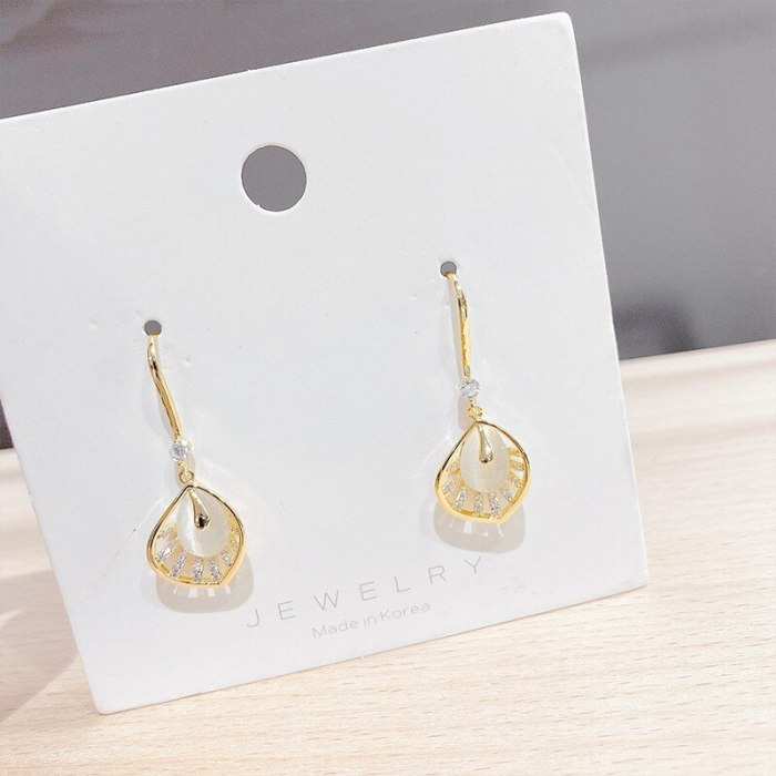 Sterling Silver Needle Korean Fashion Cat's Eye Earrings Graceful Earrings Creative Geometry Fan Shaped Stud Earrings