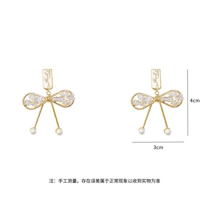 925 Silver Stud Bow Diamond Exaggerated Earrings Female All Match Personality Earrings Korean Fashion