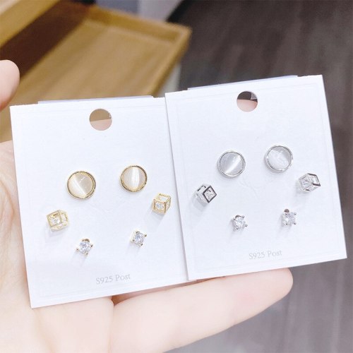 Sterling Silver Needle Stud Earrings Women 'S Three Pairs Of Earrings Graceful And Fashionable Opal Stud Earrings
