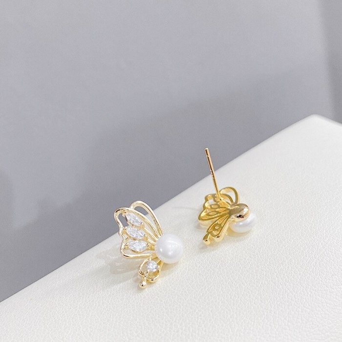Sterling Silver Needle Korean Style Butterfly Fine Zircon-Embedded Earrings All Match Pearl Stud Earrings Earrings