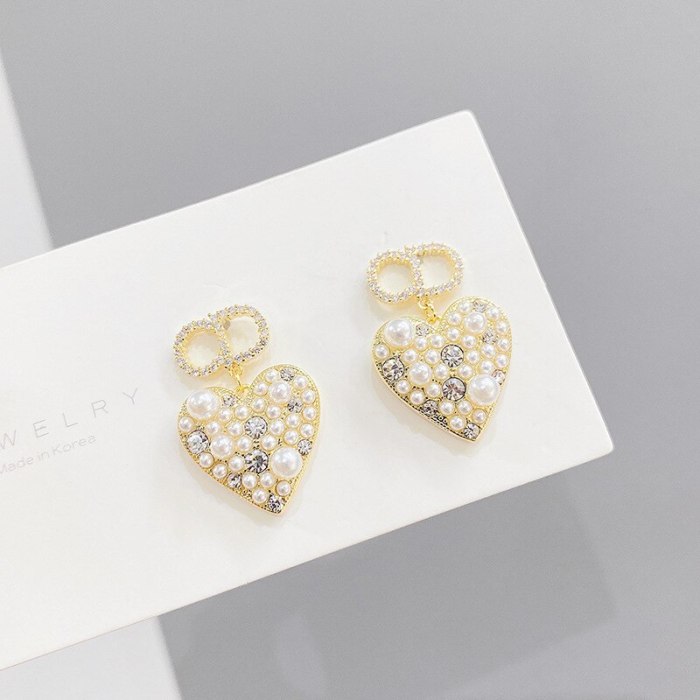 S925 Silver Needle Personalized Fashion Trendy Earrings New Korean Style Creative Peach Heart Inlaid Pearl Earrings Jewelry