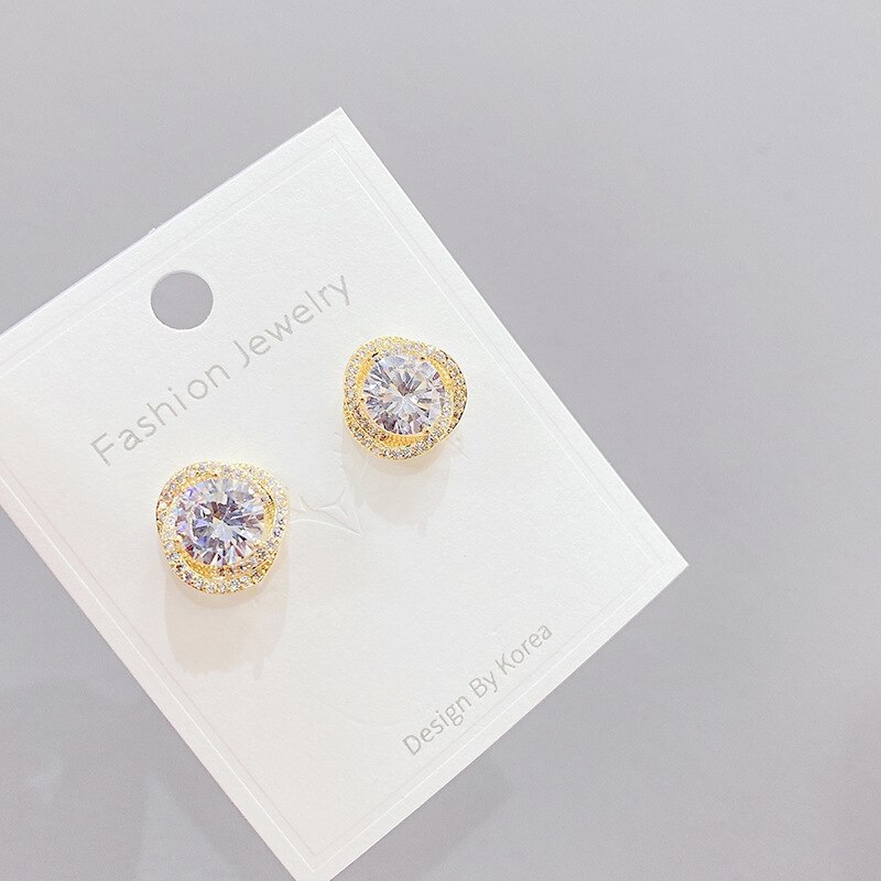 Korean Style Earrings Micro-Inlaid Diamond round Zircon Stud Earrings Female Sterling Silver Needle Earrings Earrings