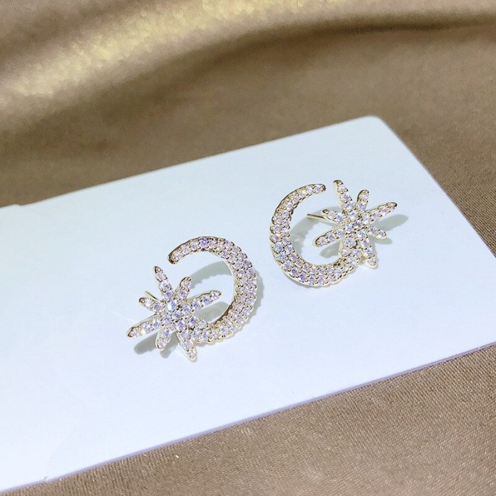 Exquisite Full Diamond Crescent Eight Awn Star 925 Silver Stud Earrings Super Fairy Internet Influencer Earrings