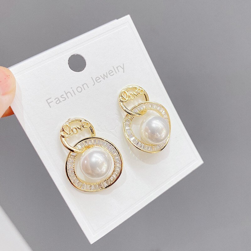 European Fashion S925 Silver Needle Love Letter Pearl Stud Earrings Female Ins Personality Exaggerated Earrings Zircon Earrings