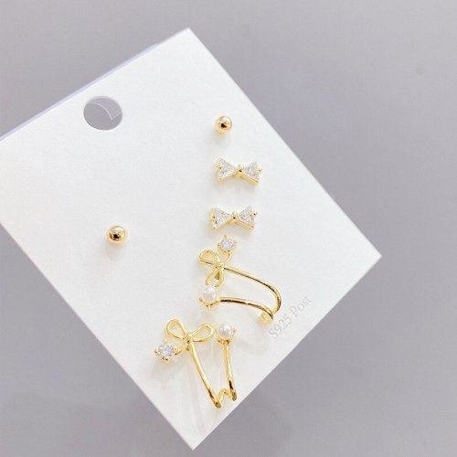 Earrings Sterling Silver Needle Micro Inlaid Zircon Bowknot Earrings Simple One Card Multi-Pair Earings Set for Women