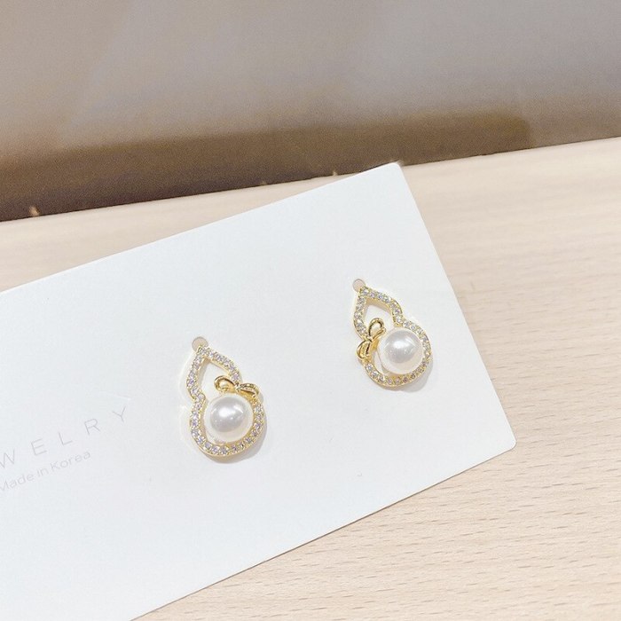 Korean Style Gourd Micro Zircon-Encrusted Stud Earrings Sterling Silver Needle Gold-Plated Pearl Earrings