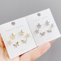 Sterling Silver Needle Micro Inlaid Zircon Three-Piece Earrings Personality One Card Three Pairs Combination Maple Leaf Earrings