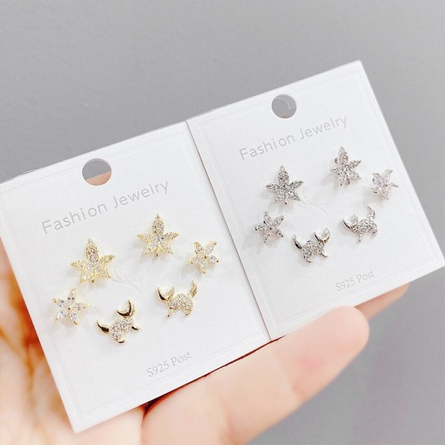 Sterling Silver Needle Micro Inlaid Zircon Three-Piece Earrings Personality One Card Three Pairs Combination Maple Leaf Earrings
