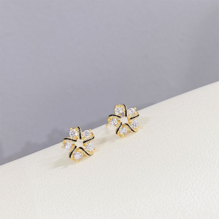 Micro Inlaid Zircon Petal Three-Piece Earrings Personality One Card Three Pairs Combination Sterling Silver Needle Earrings