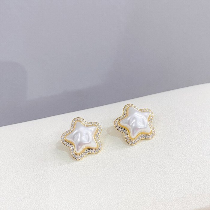 Sterling Silver Needle Korean Pentagram Earrings Women's Elegant Pearl Eardrops Earrings Personality Fashion