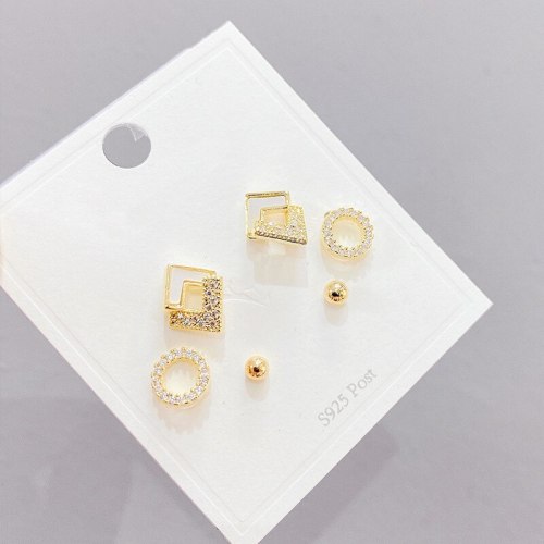 Sterling Silver Needle Micro Inlaid Zircon Ring Three-Piece Earrings Personalized Earrings Women