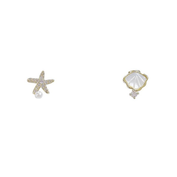 Sterling Silver Needle Micro Inlaid Zircon Shell Starfish Stud Earrings Asymmetric Graceful and Cute Star Earrings Female