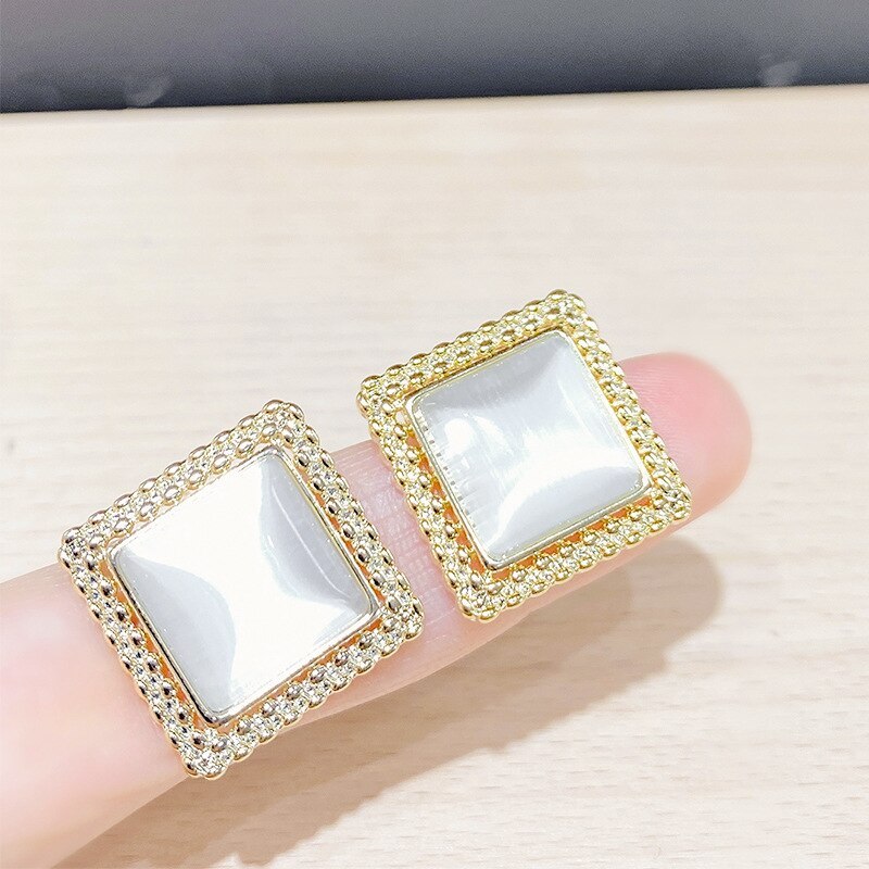 European Fashion Square Opal Stud Earrings Female S925 Silver Earrings Personality Exaggerated Ins Style Earrings Jewelry