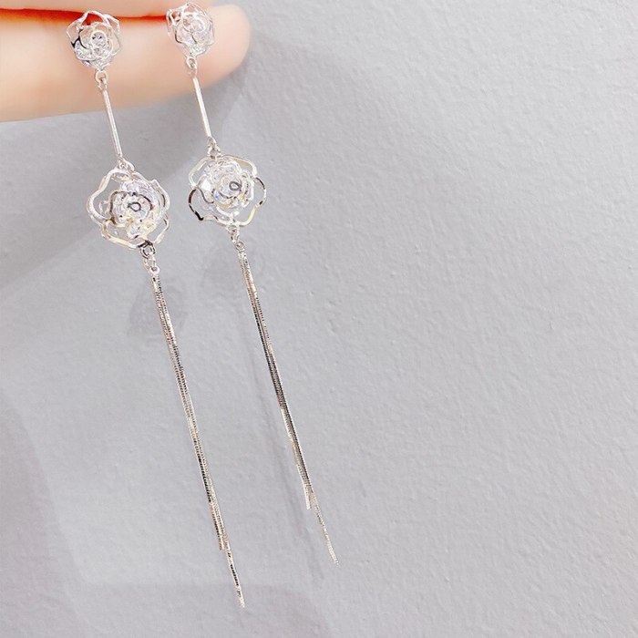 Sterling Silver Needle Korean Fashion Tassel Hanging Earrings Female Temperament Rose Ear String Earring