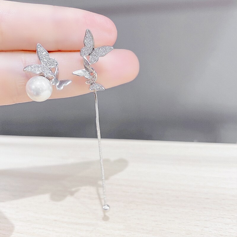 Korean Style Long Micro Inlaid Zircon Butterfly Tassel Pearl Stud Earrings Female Sterling Silver Needle Earrings Eardrops