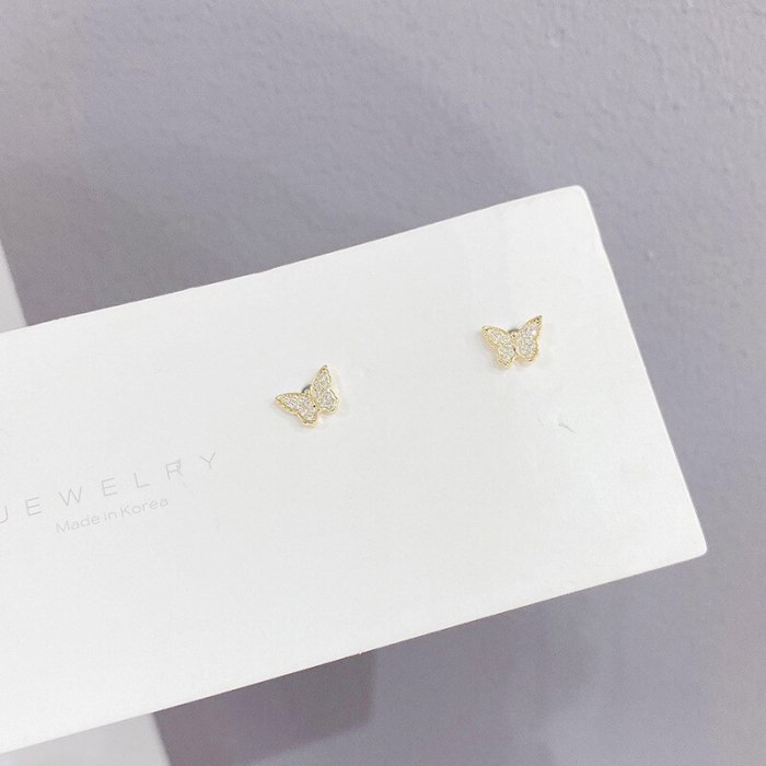 Butterfly Micro Inlaid Zircon Sterling Silver Needle Stud Earrings Cute and Compact Full Diamond Fresh Earrings Female